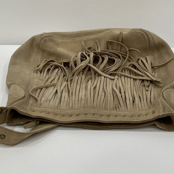 Guess Leather Suede Beige Tan Y2K Hobo Shoulder Fringe Top Zip HandBag Purse - Picture 6 of 16